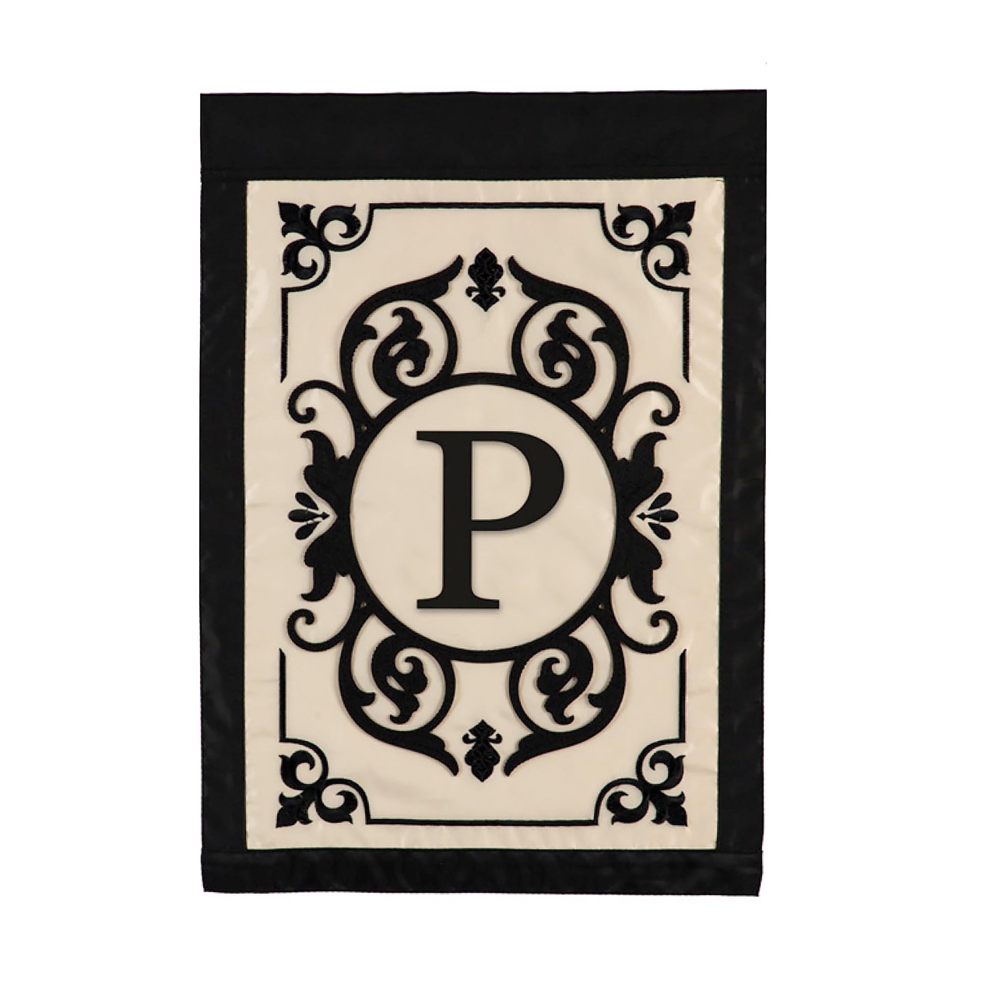 Cambridge Monogram Garden Applique Flag Letter P, cream panel with black ornate border on Tampa Home & Garden Store