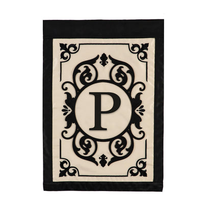 Cambridge Monogram Garden Applique Flag Letter P, cream panel with black ornate border on Tampa Home & Garden Store