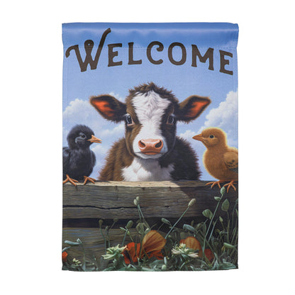 Hillside Pasture Cow and Chicks Suede Garden Flag by Evergreen; sky with cows and chicks on Tampa Home & Garden Store