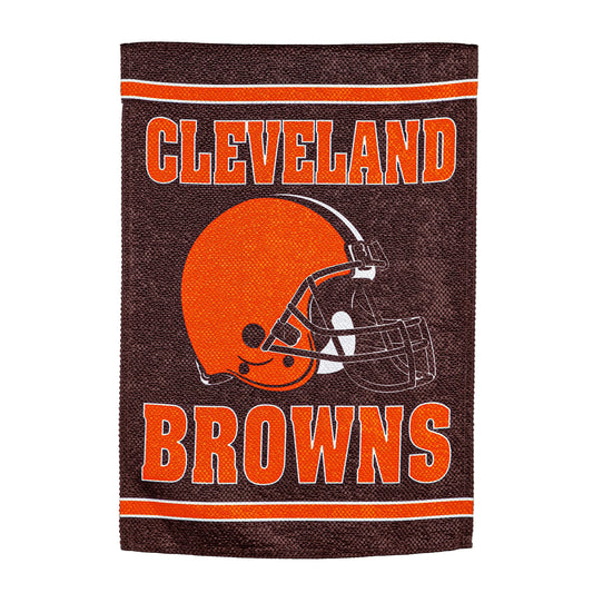 Cleveland Browns embossed suede house flag brown with orange name and helmet emblem on Tampa Home & Garden Store