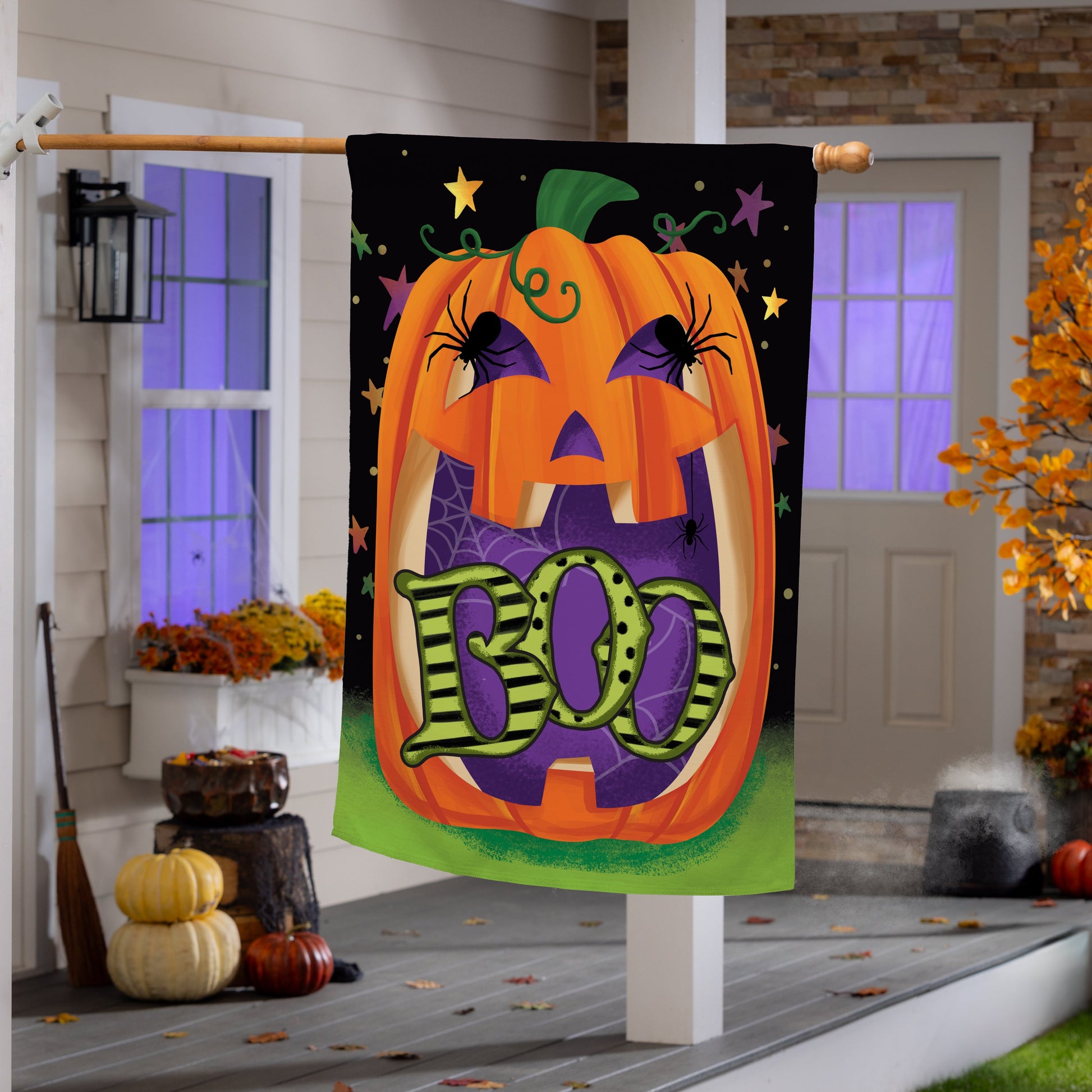 Boo Jack Pumpkin Suede House Flag with orange pumpkin and green vines on black background on Tampa Home & Garden Store