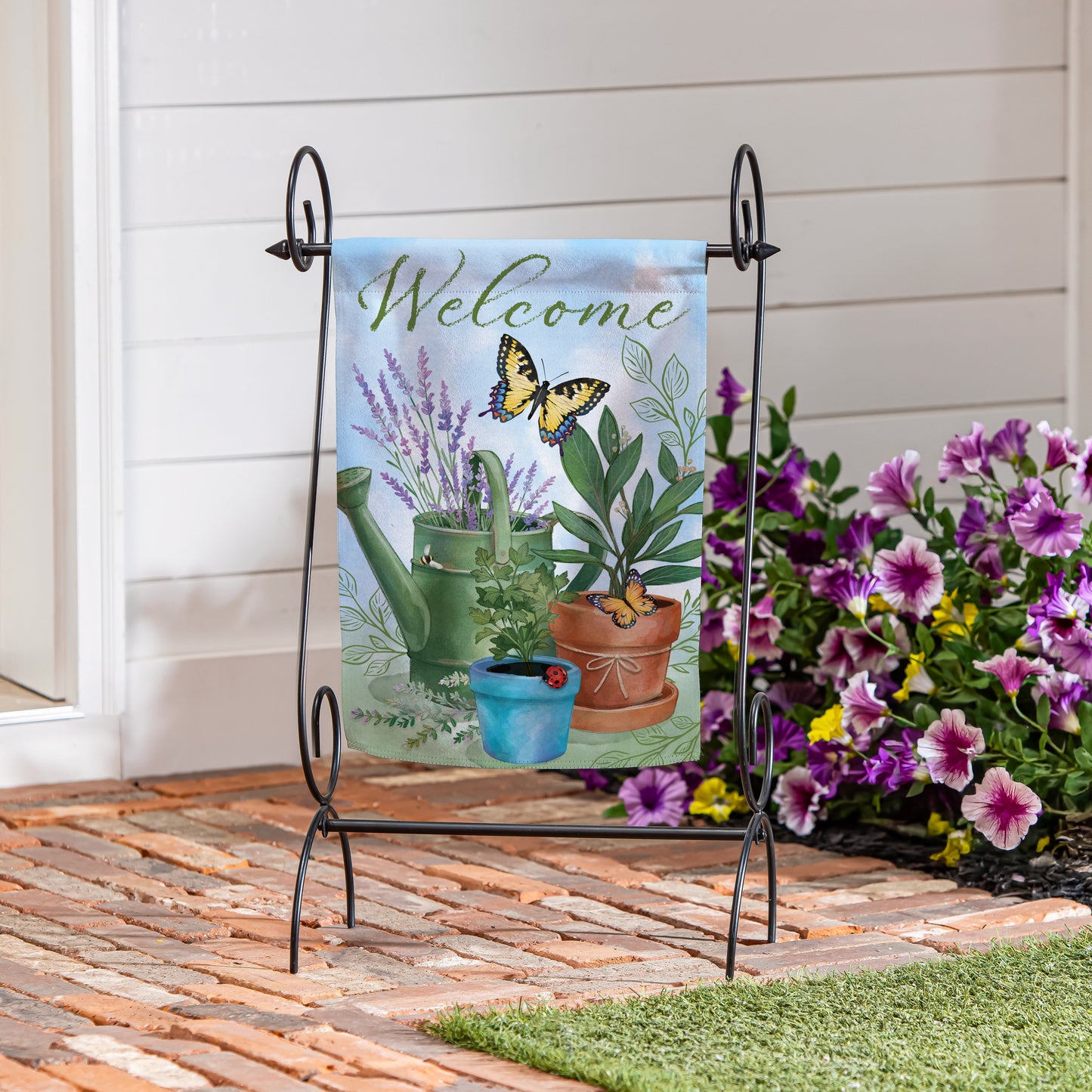 Pollinator Garden Watering Can & Plants Suede Garden Flag