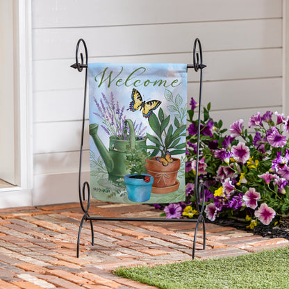 Pollinator Garden Watering Can & Plants Suede Garden Flag