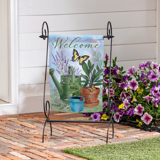 Pollinator Garden Watering Can & Plants Suede Garden Flag