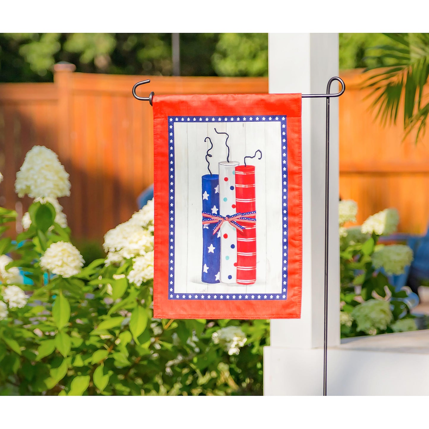 Americana Firecrackers Garden Strié Flag applique flag with red border and blue star frame on Tampa Home & Garden Store