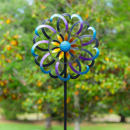 Metal wind spinner 75in tall with blue and purple floral blades on a garden stake on Tampa Home & Garden Store