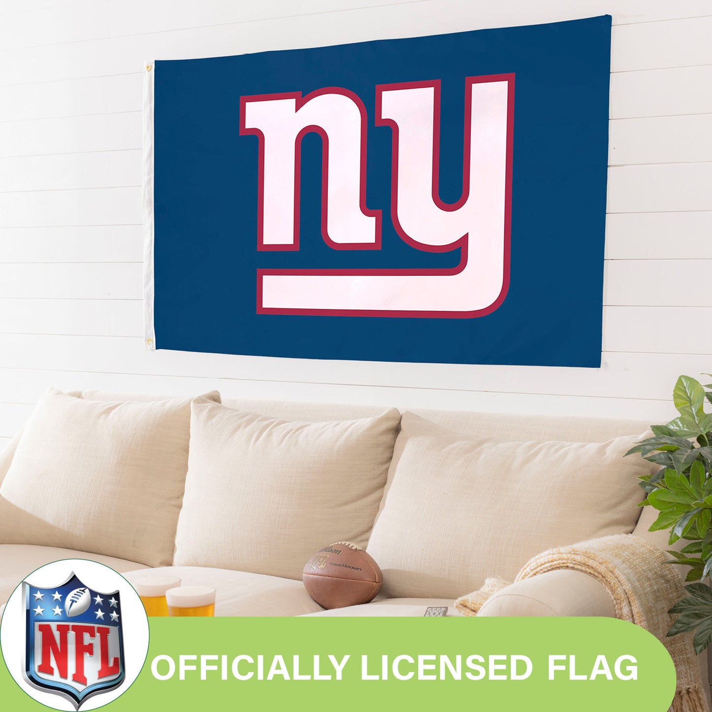New York Giants flag 3x5, single-sided sublimated flag with 2 grommets on navy blue field on Tampa Home & Garden Store
