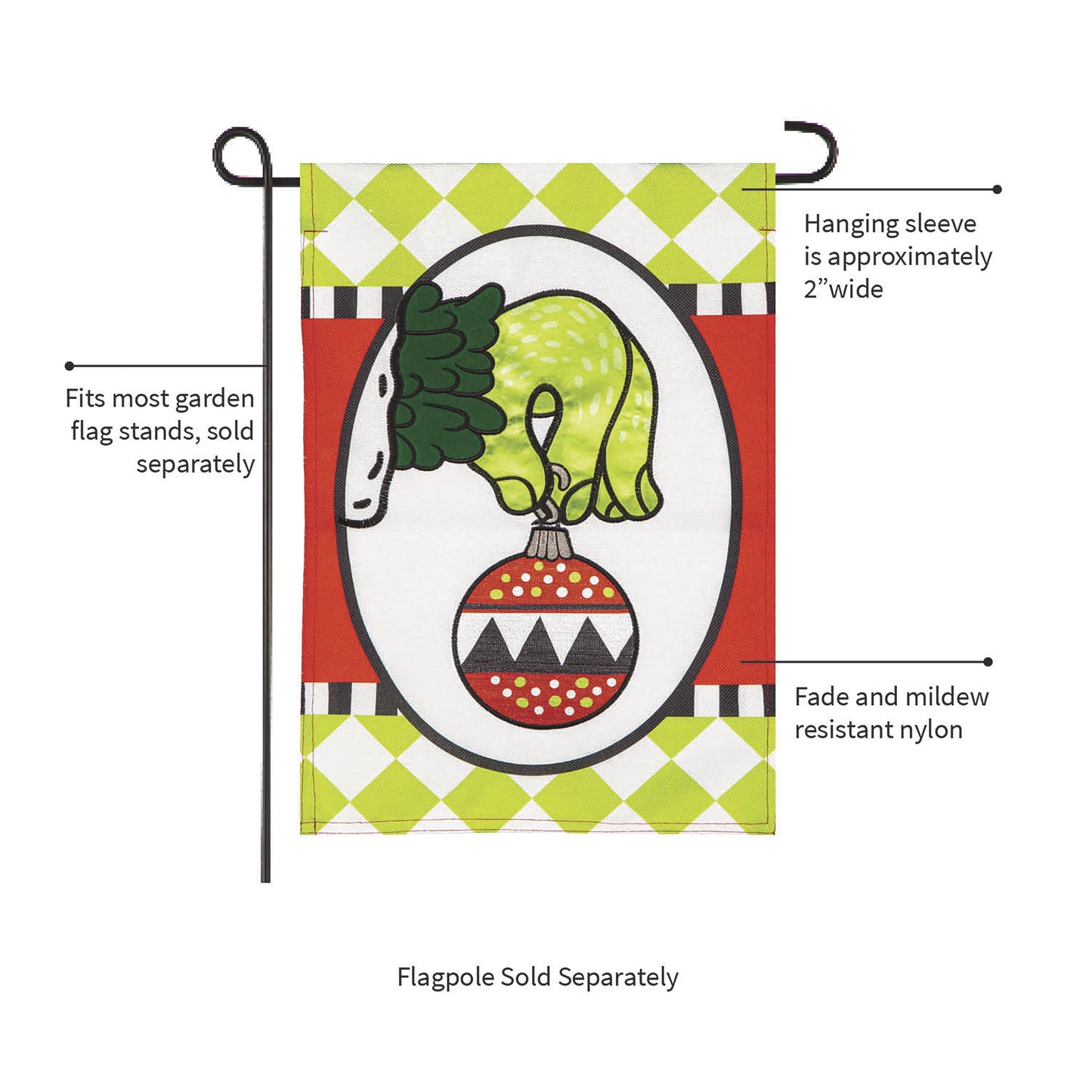 Christmas Monster Ornament Burlap Garden Flag with lime green diamond top on red border on Tampa Home & Garden Store