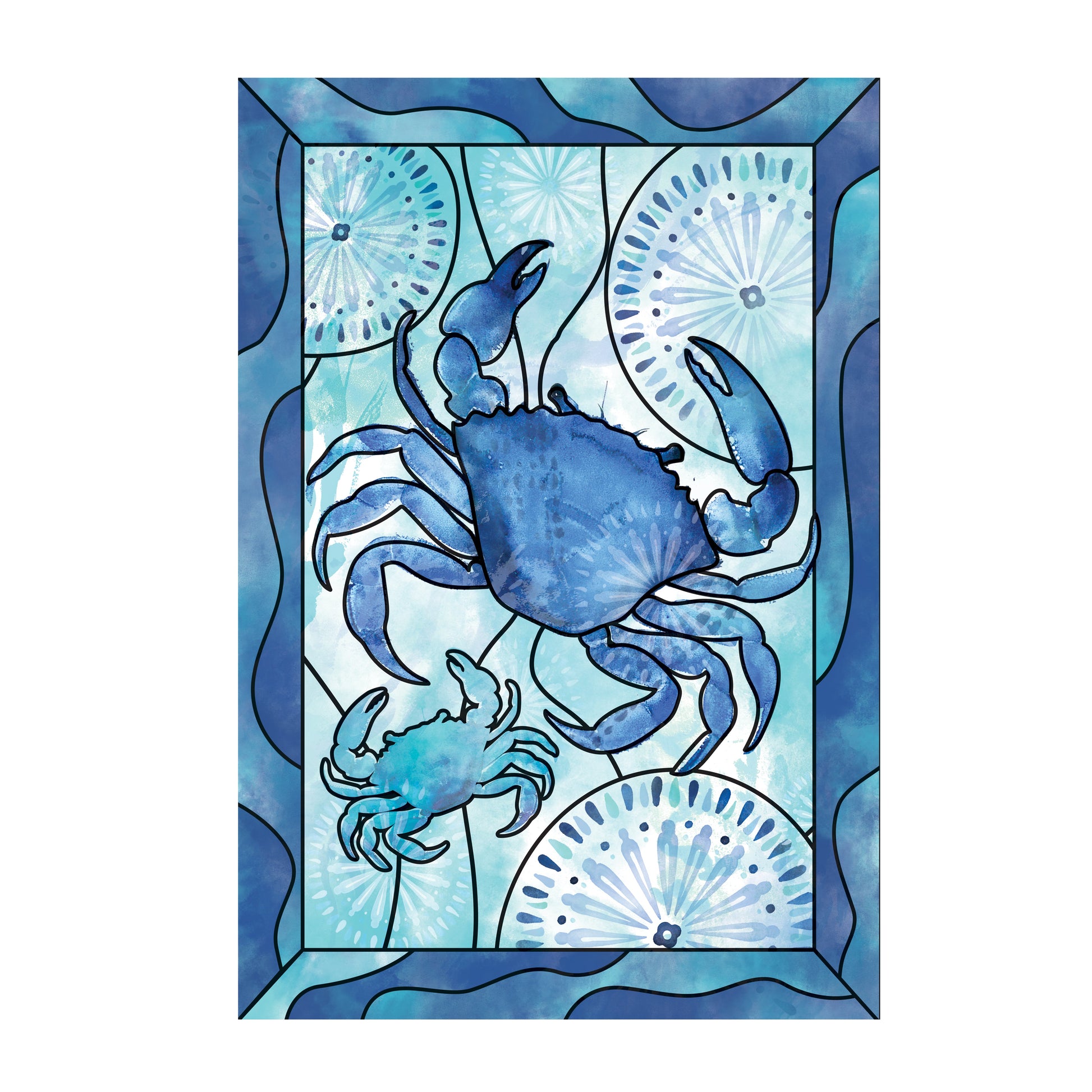 Seaside Retreat framed crab applique house flag with blue stained-glass panels and crab motif on Tampa Home & Garden Store