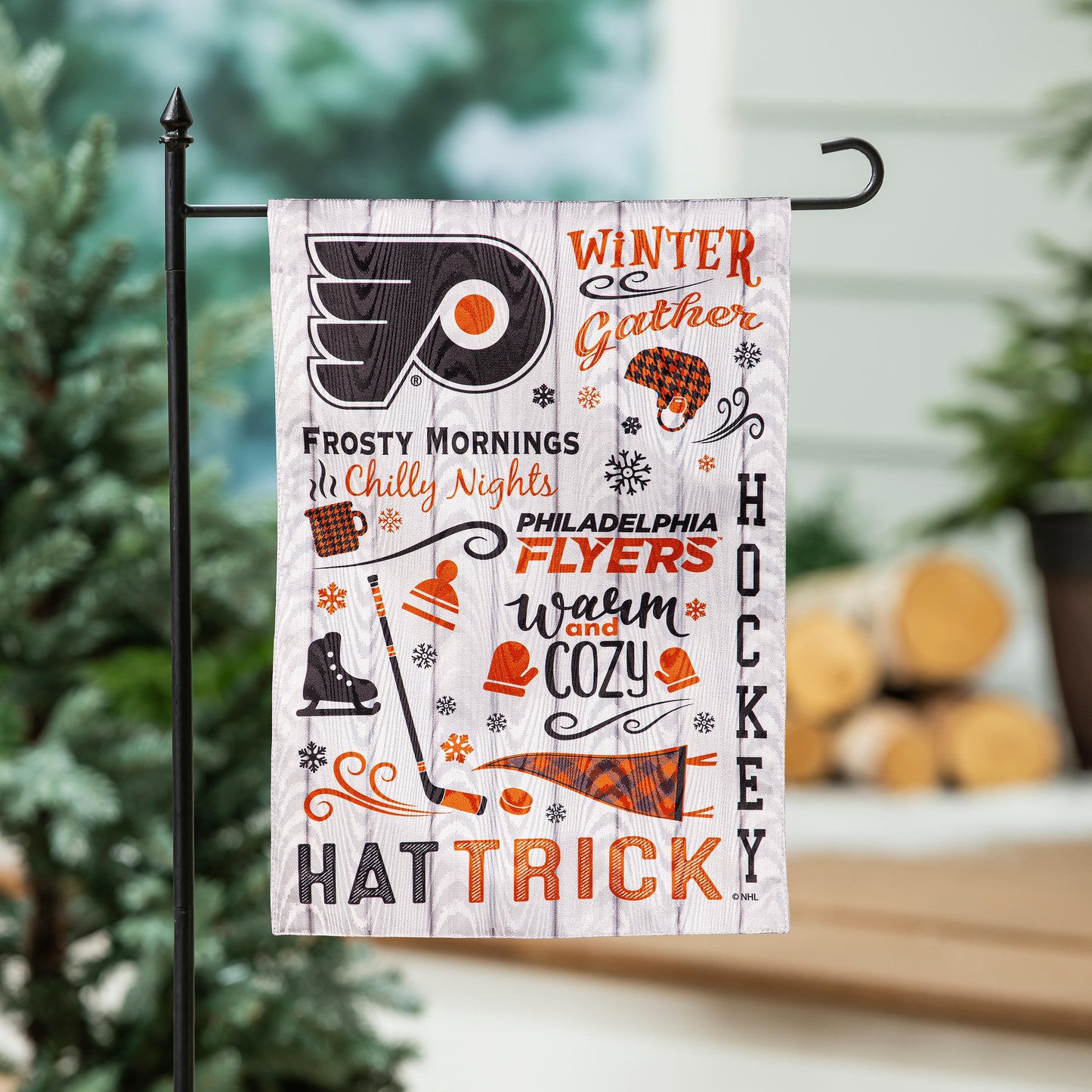 Moire flag Philadelphia Flyers with orange logo text on gray background on Tampa Home & Garden Store