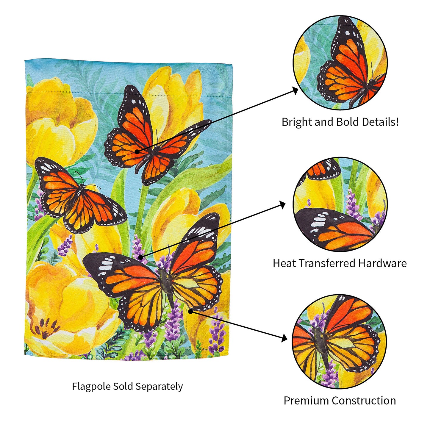 Tulip and Butterfly Garden Suede Flag with bright monarch butterflies over yellow blooms on Tampa Home & Garden Store