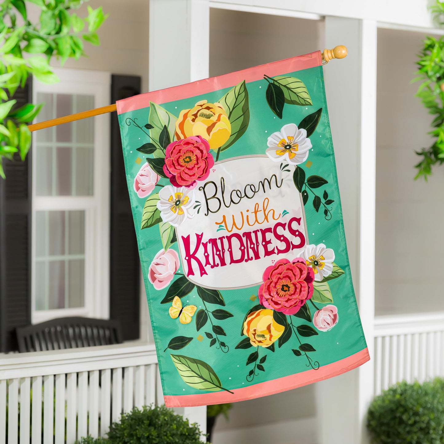 Bloom with Kindness Applique House Flag with blossoms on green field and pink border on Tampa Home & Garden Store