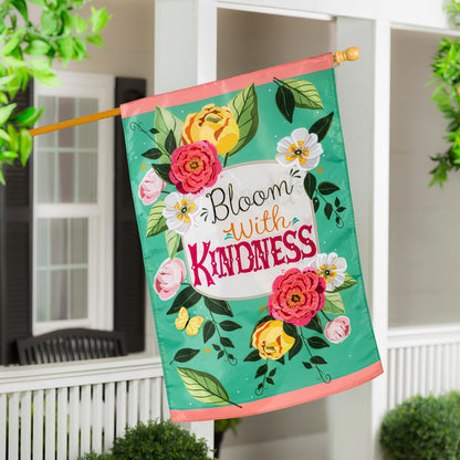 Bloom with Kindness Applique House Flag with blossoms on green field and pink border on Tampa Home & Garden Store