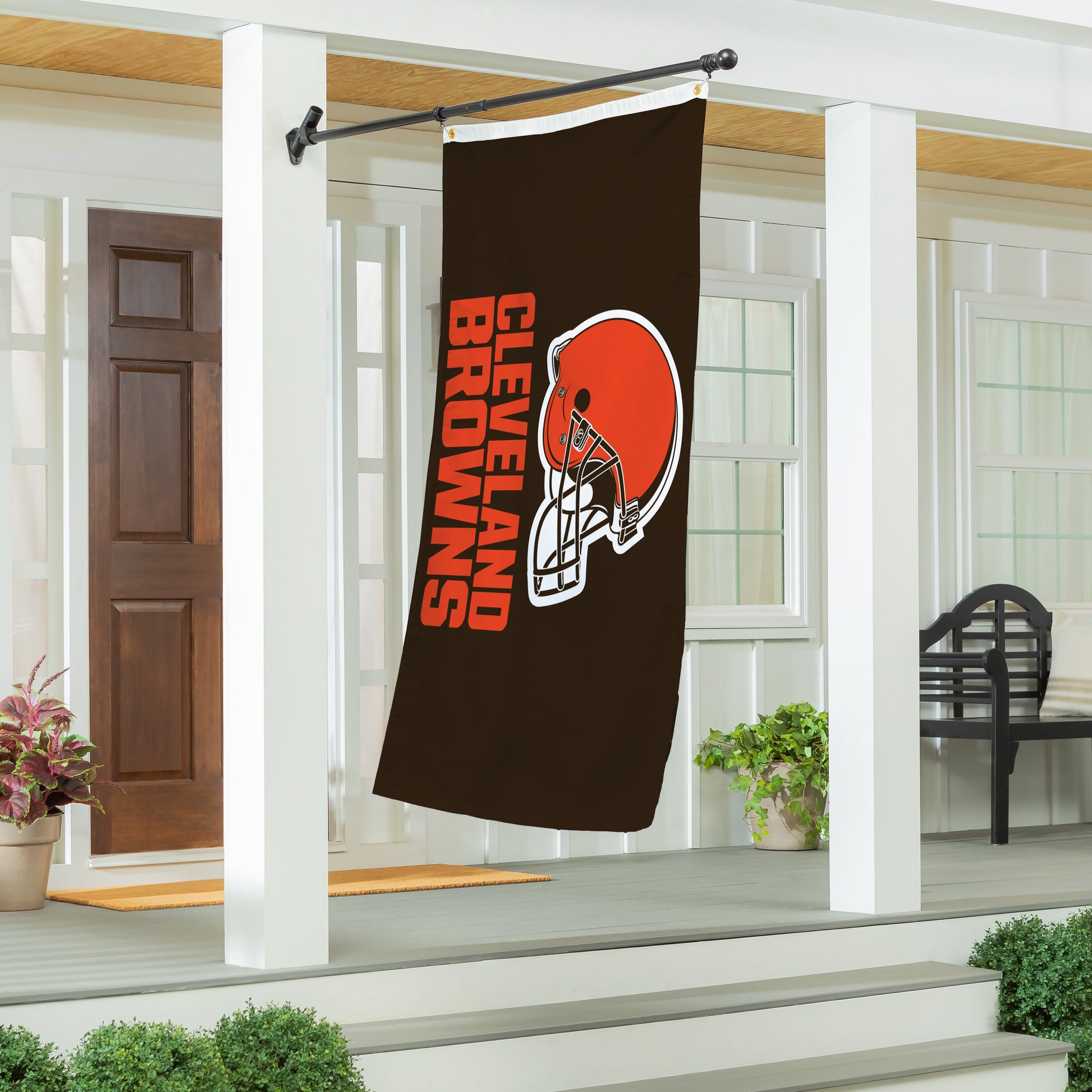 Cleveland Browns 3x5 single-sided sublimated flag with black background and orange helmet, grommets on Tampa Home & Garden Store