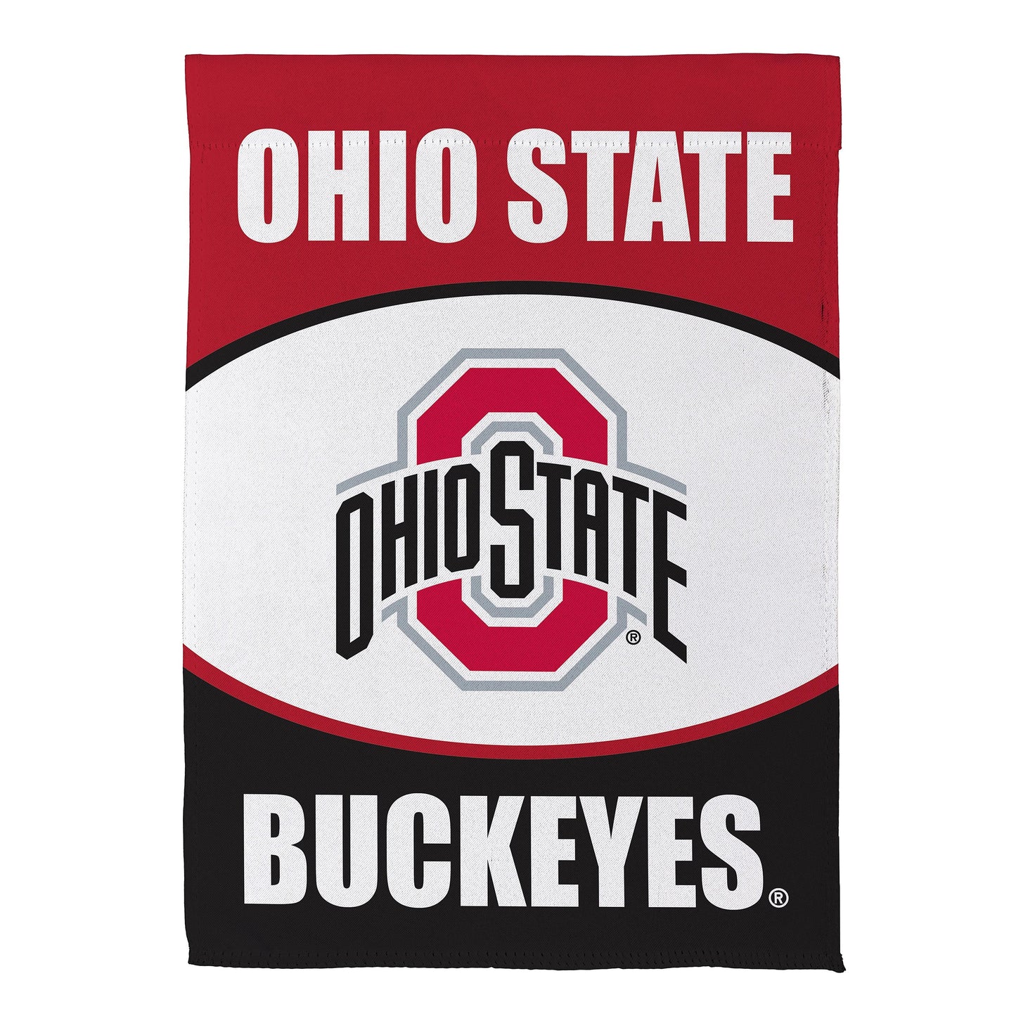 Ohio State suede garden flag with red header, white OHIO STATE, and BUCKEYES logo on black band on Tampa Home & Garden Store