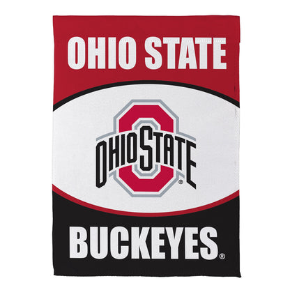 Ohio State suede garden flag with red header, white OHIO STATE, and BUCKEYES logo on black band on Tampa Home & Garden Store