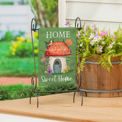 Home Sweet Mushroom Home burlap garden flag with mushroom house illustration on metal stand on Tampa Home & Garden Store