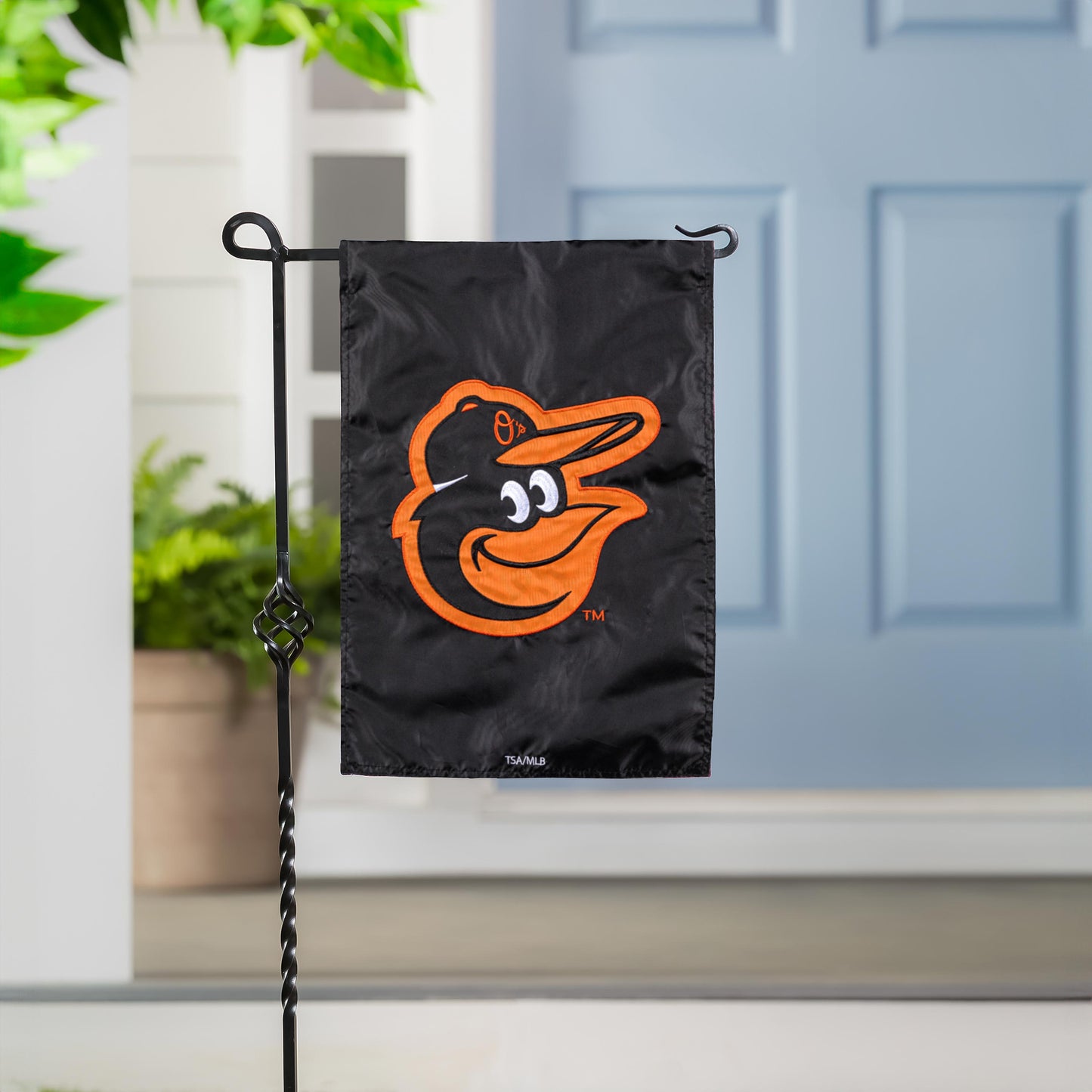 Baltimore Orioles applique flag in black with orange bird, outdoor yard flag on Tampa Home & Garden Store