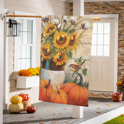 Cotton & Sunflowers Suede House Flag featuring sunflowers and a small bird on a wooden rod on Tampa Home & Garden Store