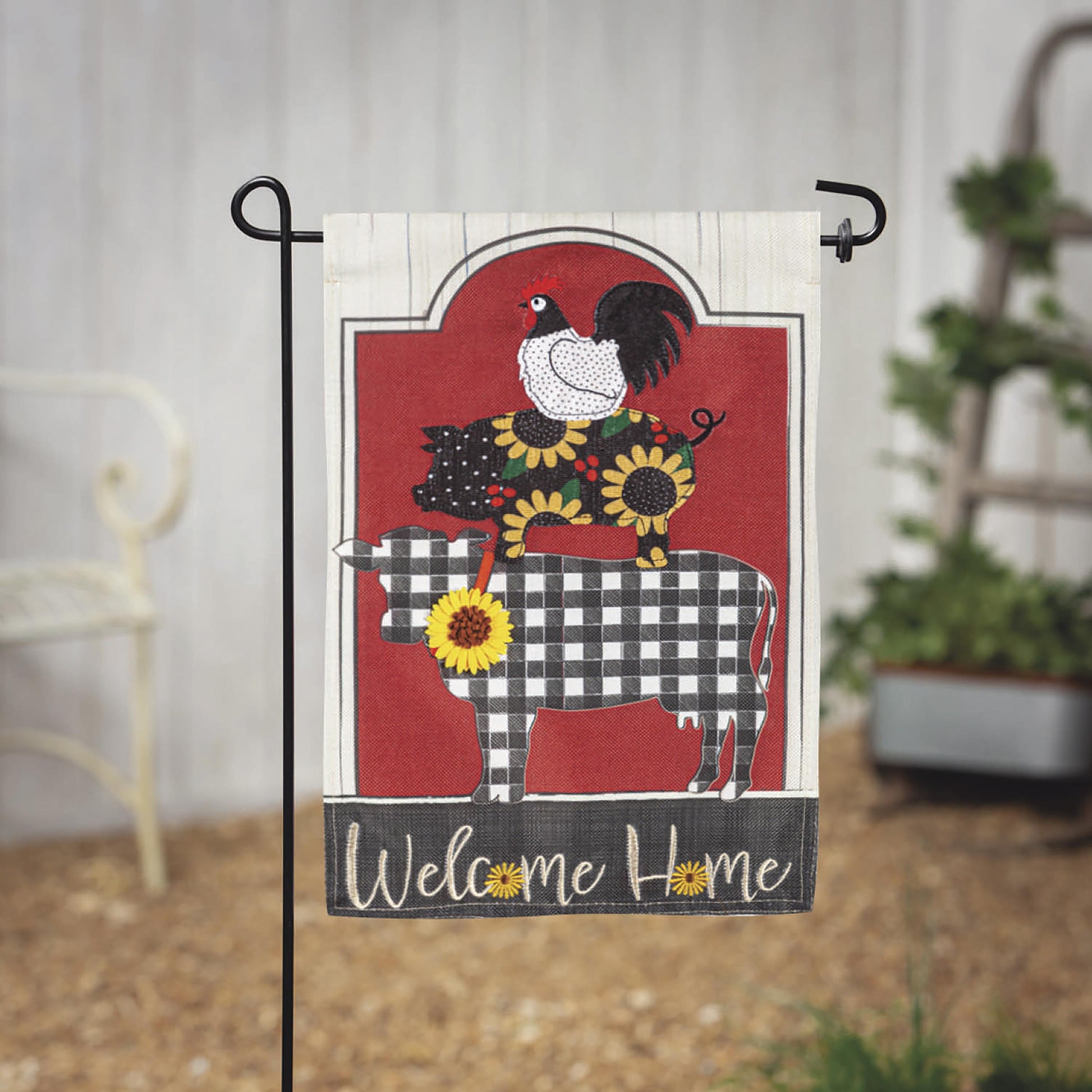 Farm Friends Burlap Garden Flag with rooster on red panel and checkered accents on a stake on Tampa Home & Garden Store