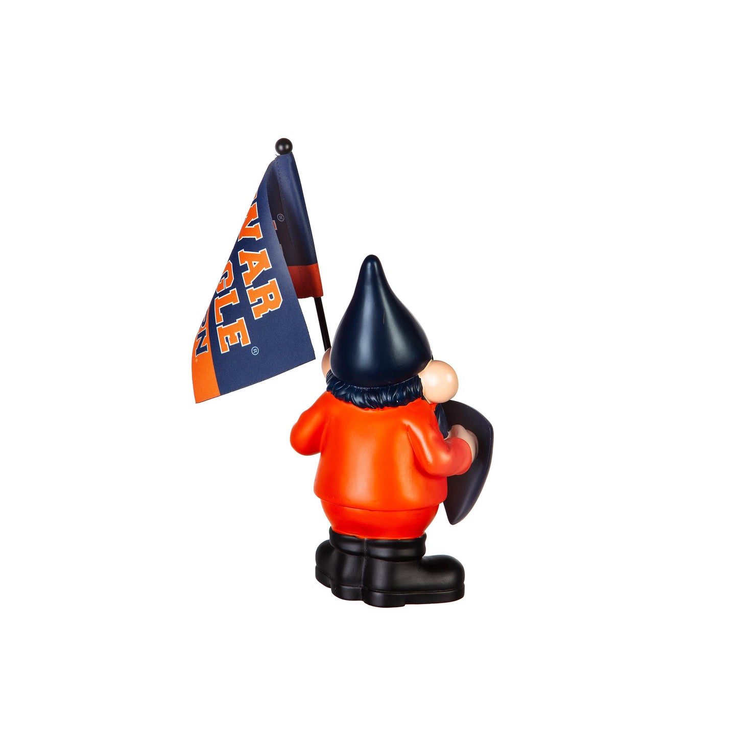 Auburn University Flag Holder Gnome garden statue in orange shirt and navy hat, holding a blue flag on Tampa Home & Garden Store