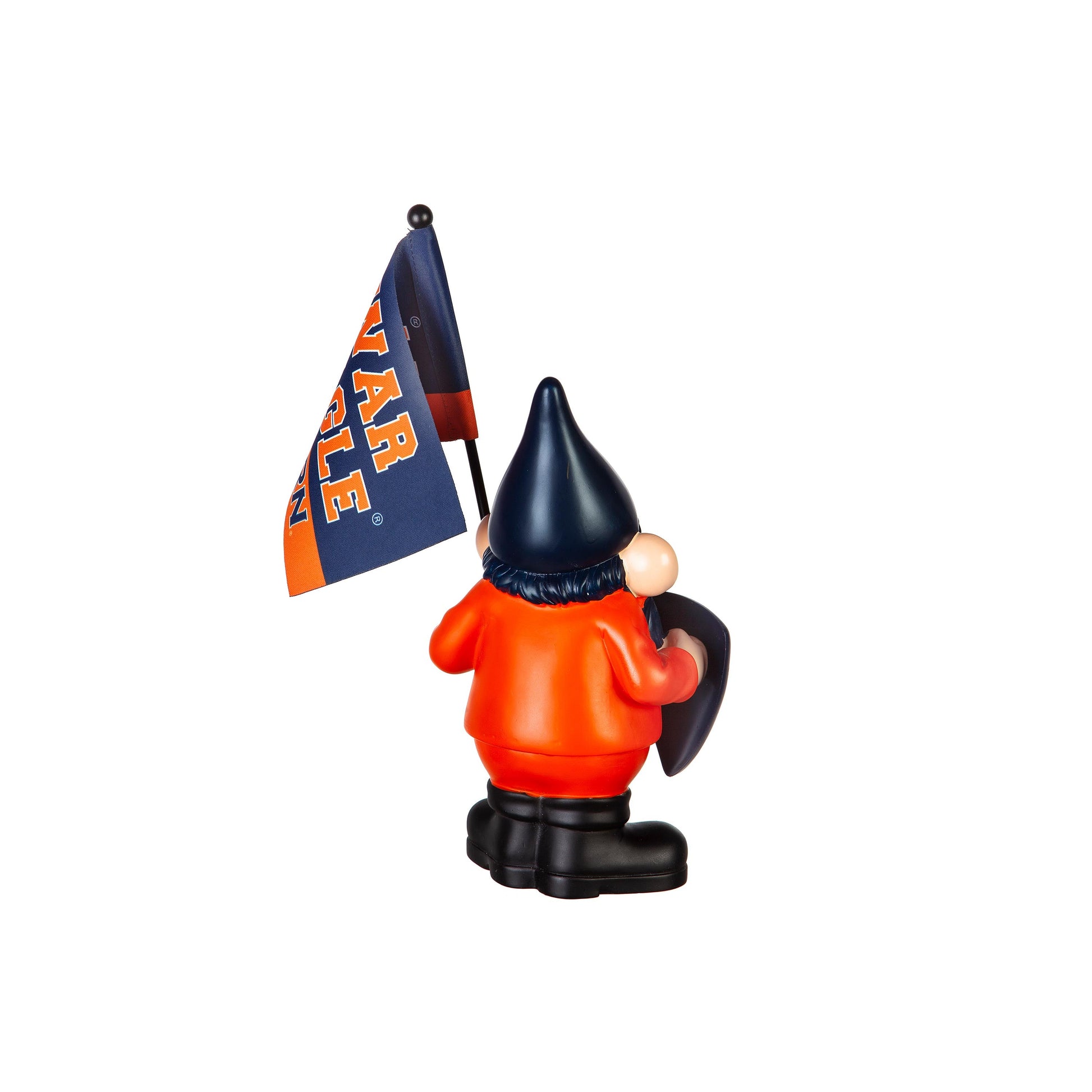 Auburn University Flag Holder Gnome garden statue in orange shirt and navy hat, holding a blue flag on Tampa Home & Garden Store