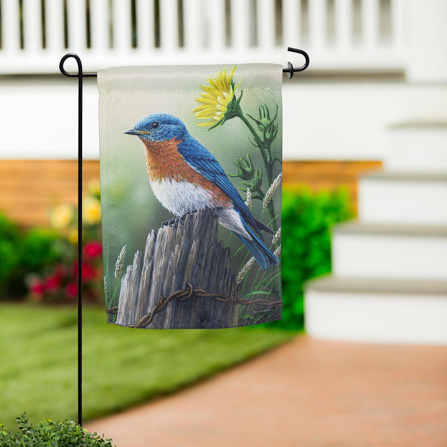 Eastern Bluebird Suede Garden Flag on a stand bluebird with yellow flower, Evergreen Enterprises on Tampa Home & Garden Store