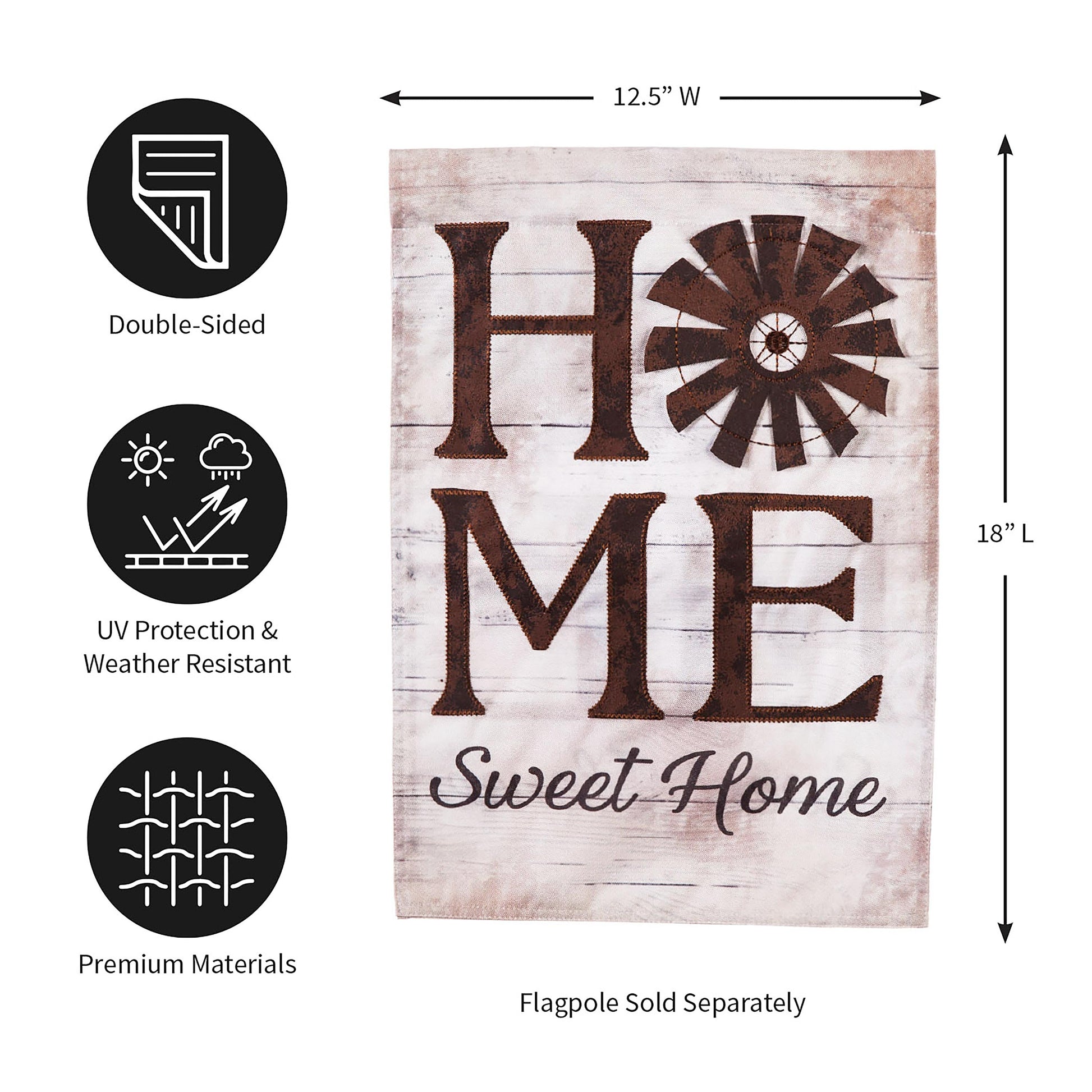 Windmill Home Sweet Home linen garden flag with rustic wood background and brown text double-sided on Tampa Home & Garden Store
