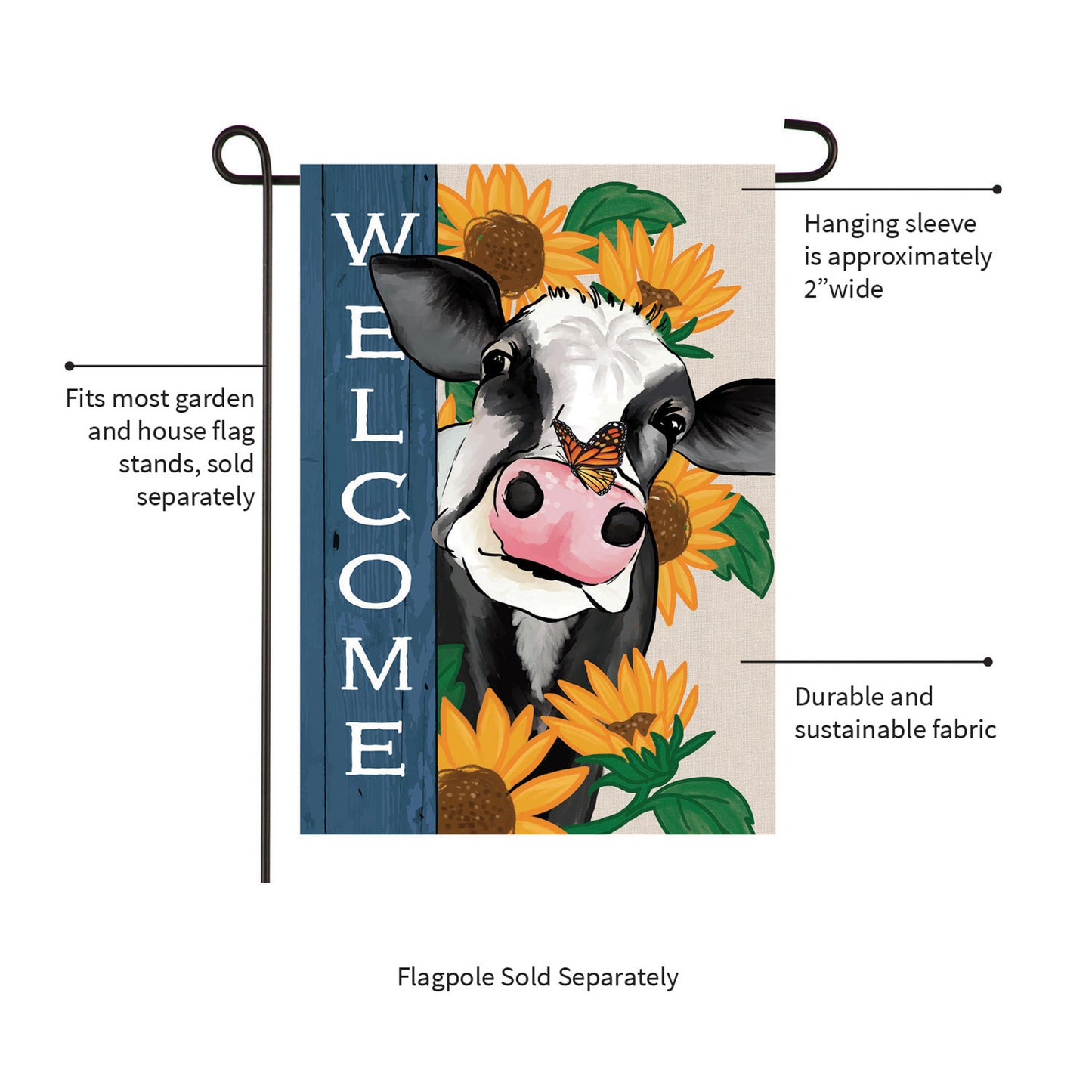 Mooove Over For Fall Suede Garden Flag cow with sunflowers on blue wood on Tampa Home & Garden Store