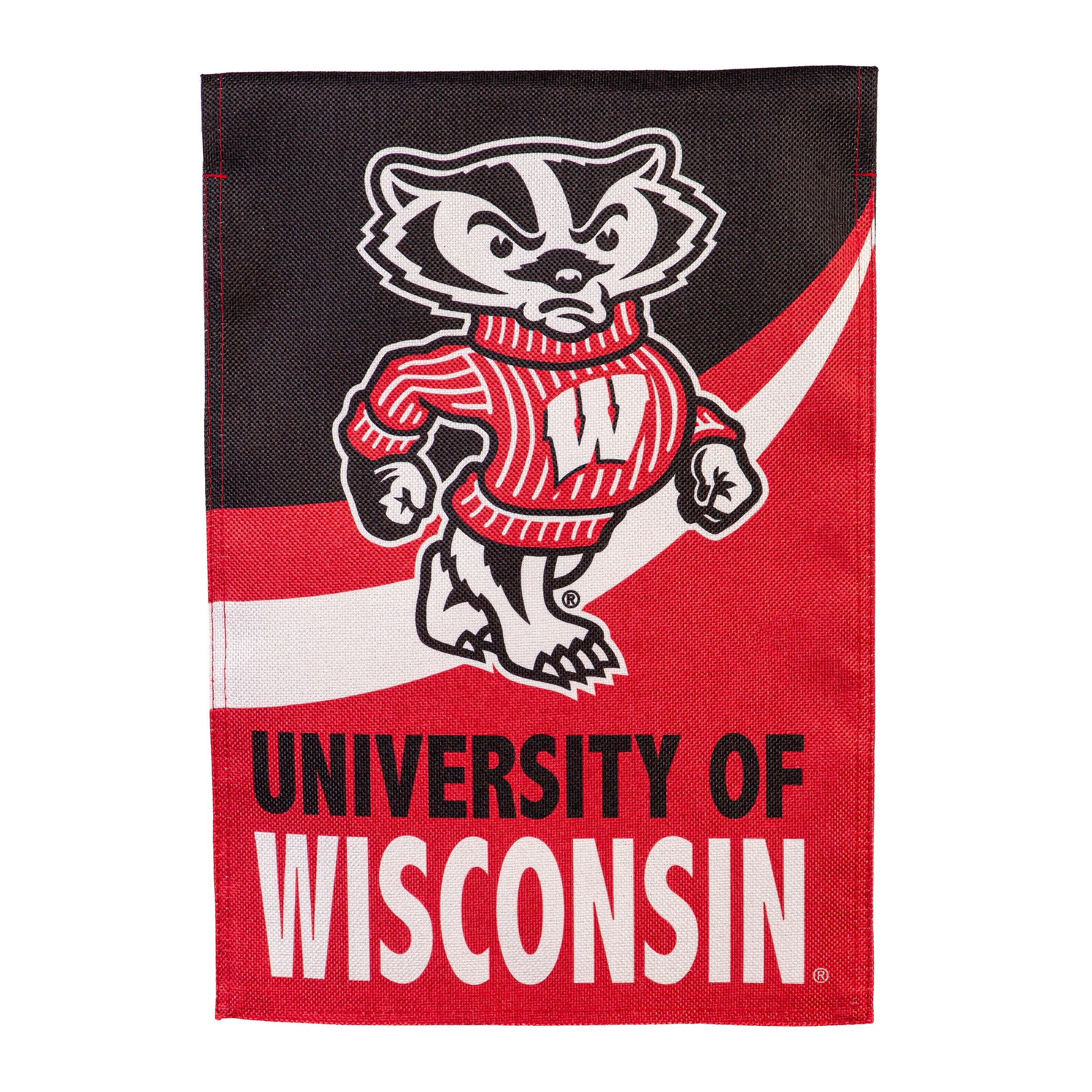 Burlap flag featuring University of Wisconsin–Madison badger mascot on red and white background on Tampa Home & Garden Store