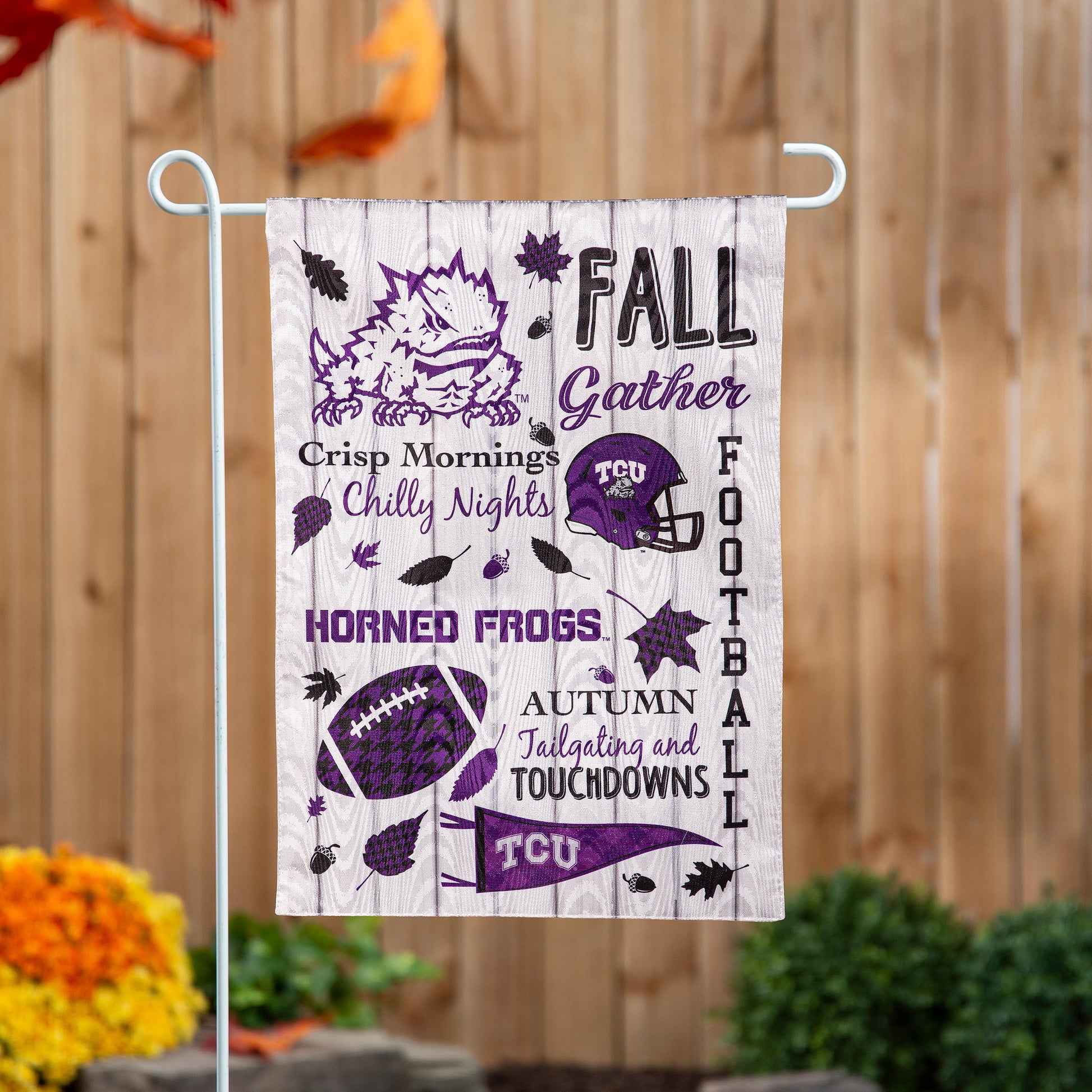 TCU moire flag with purple Horned Frogs graphics on light background on Tampa Home & Garden Store