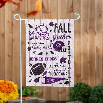 TCU moire flag with purple Horned Frogs graphics on light background on Tampa Home & Garden Store