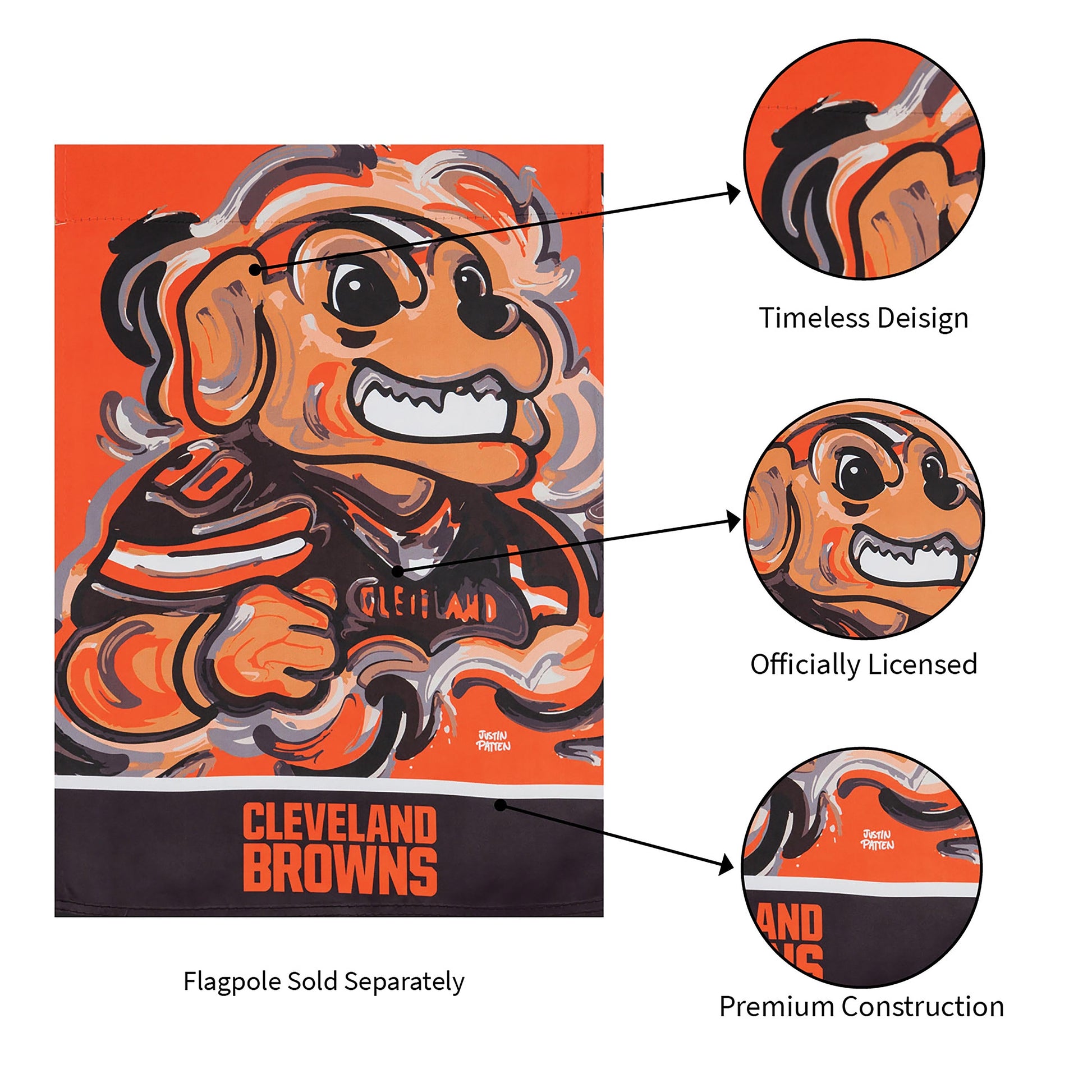 Suede flag featuring Cleveland Browns mascot artwork in orange and brown, officially licensed on Tampa Home & Garden Store