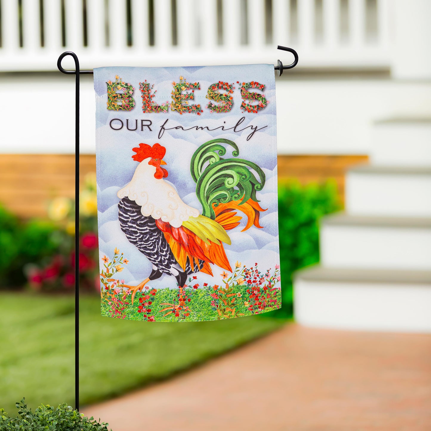 Farm Country Suede Garden Flag with colorful rooster and floral design by Evergreen Enterprises on Tampa Home & Garden Store