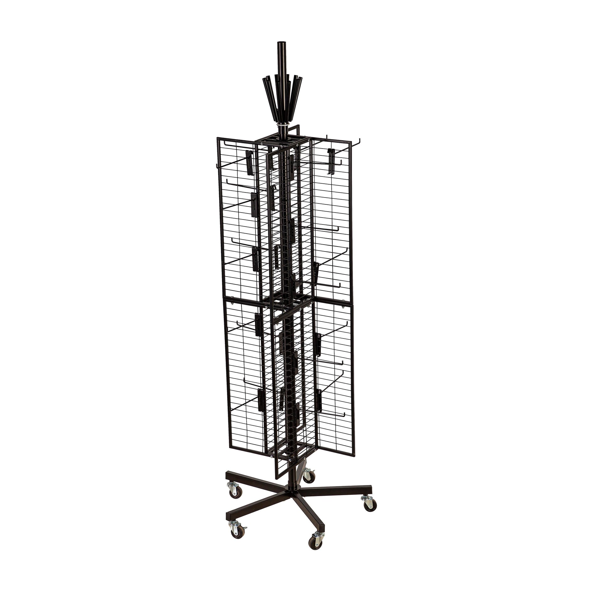 Flag Grid Display with Pinwheel Holder in black metal on wheeled retail display stand on Tampa Home & Garden Store