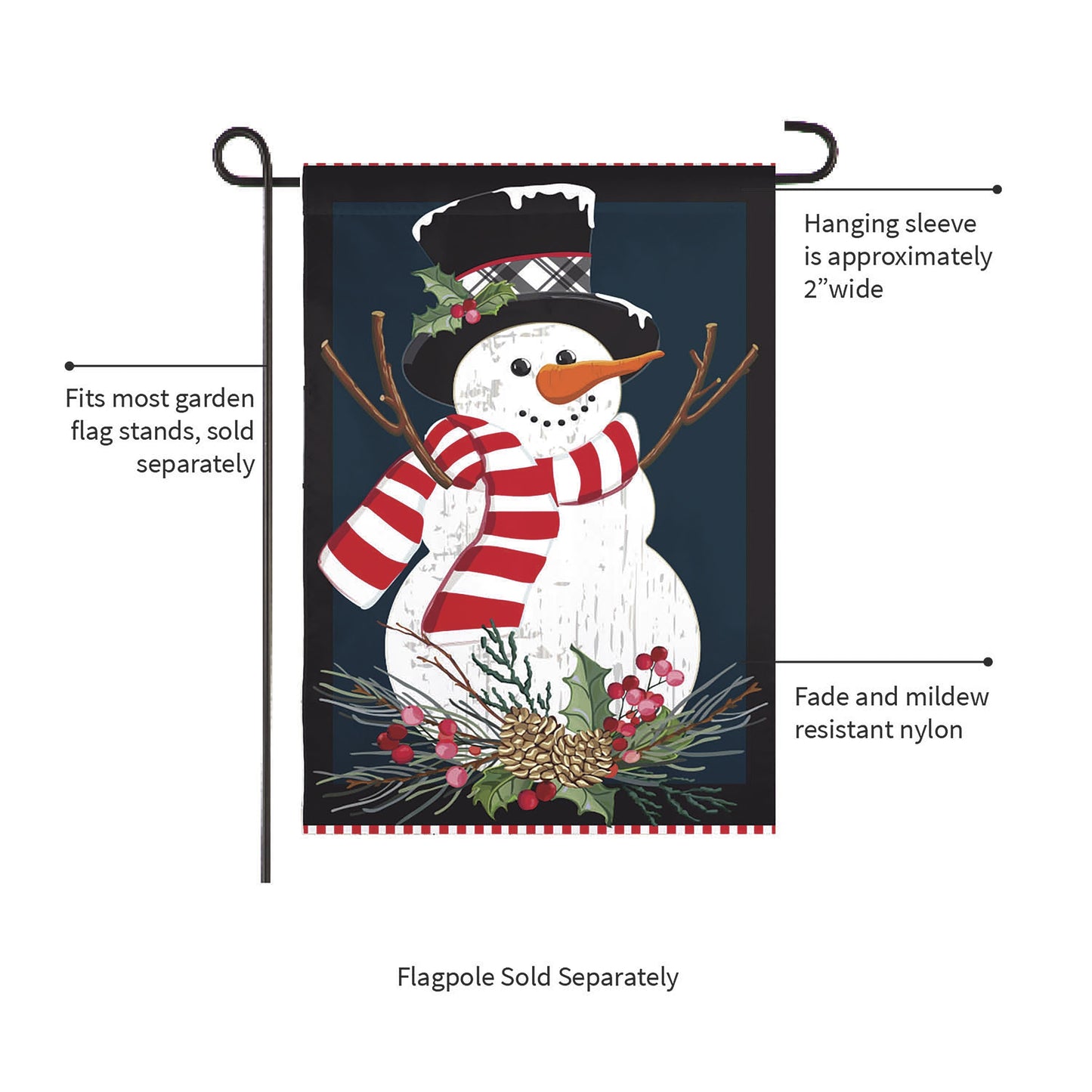 Holly Snowman Burlap Garden Flag Evergreen Enterprises, red scarf on navy background on Tampa Home & Garden Store