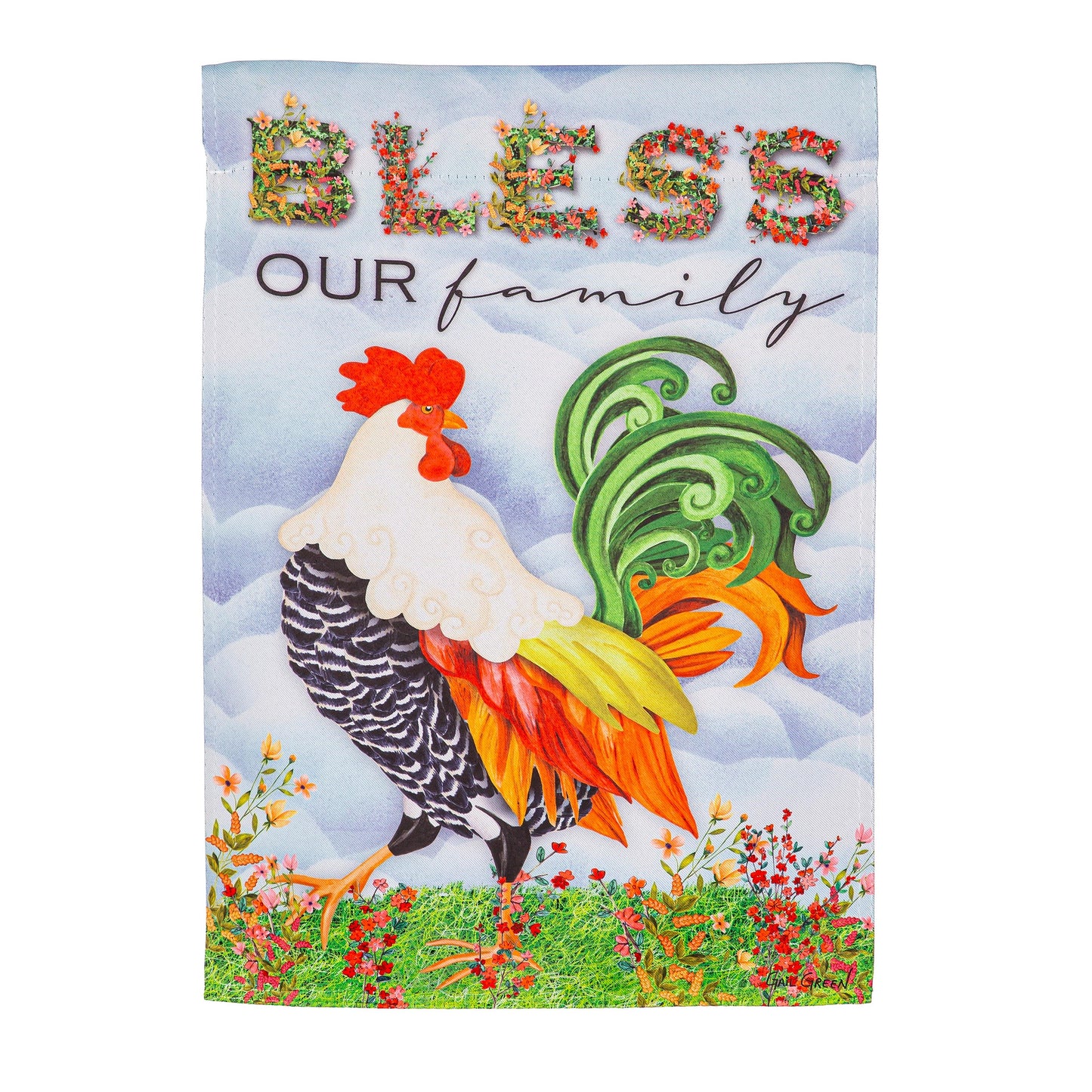 Farm Country Suede Garden Flag by Evergreen Enterprises with Bless Our Family script and rooster on Tampa Home & Garden Store