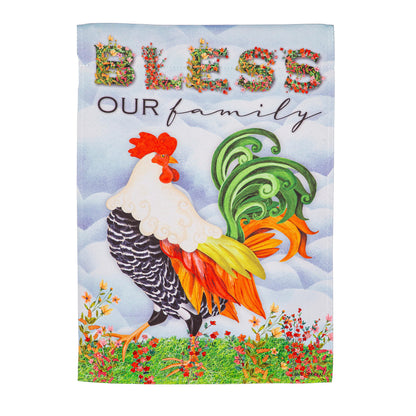 Farm Country Suede Garden Flag by Evergreen Enterprises with Bless Our Family script and rooster on Tampa Home & Garden Store