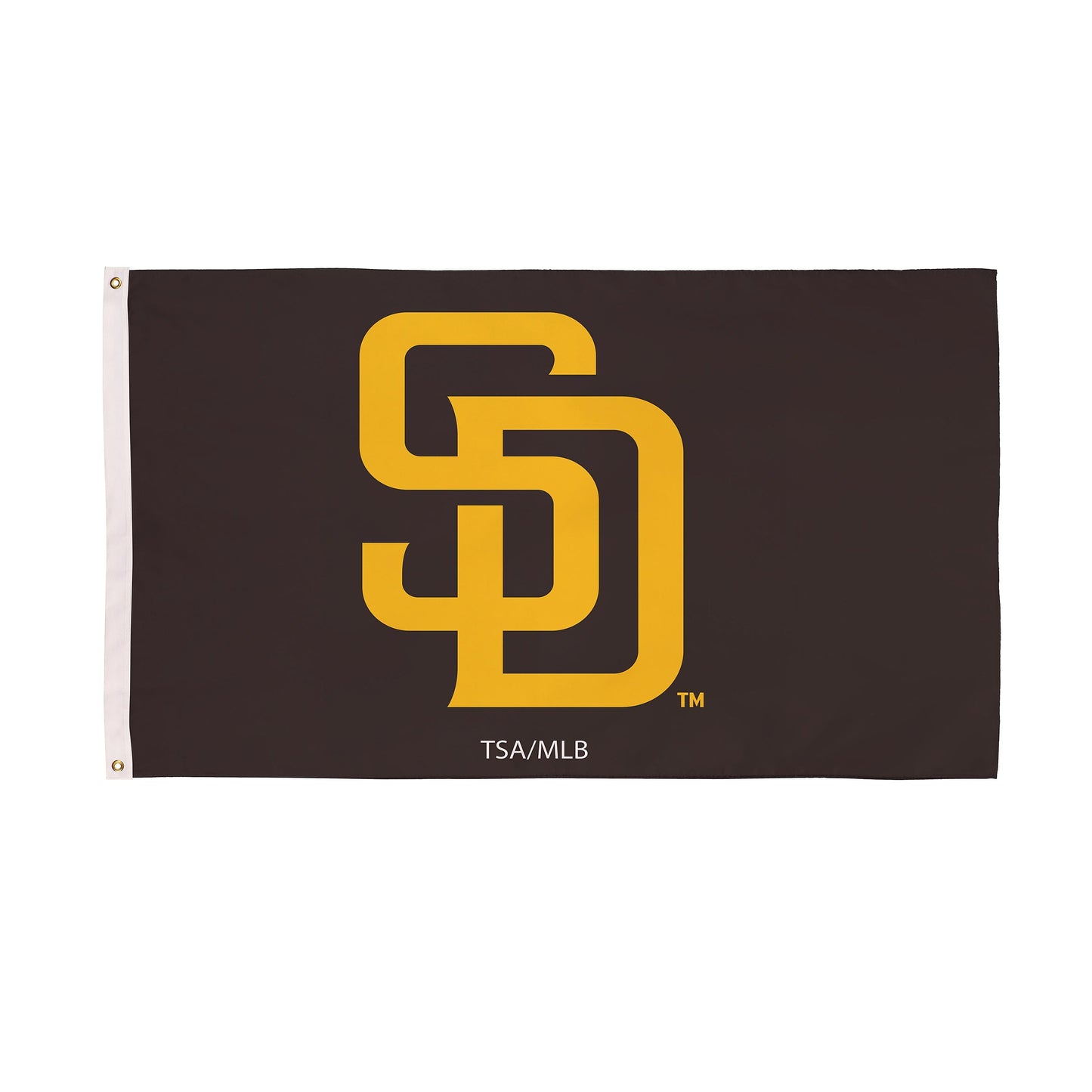 San Diego Padres flag 3x5, single-sided with 2 grommets; dark background and yellow logo on Tampa Home & Garden Store