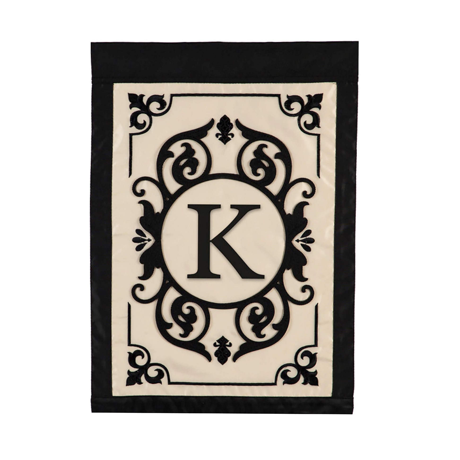 Cambridge Monogram Garden Applique Flag with cream panel, black ornate border and bold K on Tampa Home & Garden Store