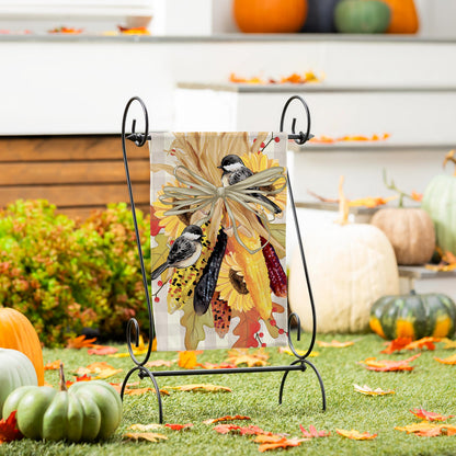 Ornamental Corn Burlap Garden Flag featuring autumn corn stalks, sunflowers, and birds on Tampa Home & Garden Store