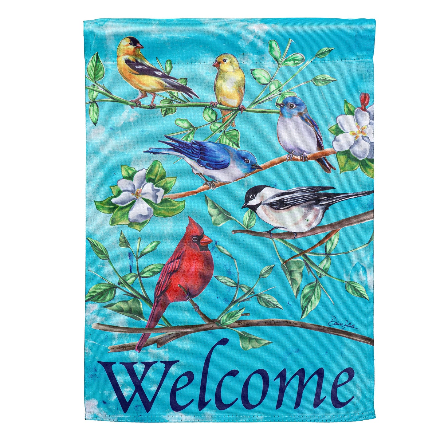 Multi Birds Suede Garden Flag with turquoise background and perched birds on branches on Tampa Home & Garden Store