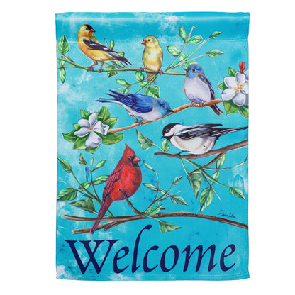 Multi Birds Suede Garden Flag with turquoise background and perched birds on branches on Tampa Home & Garden Store