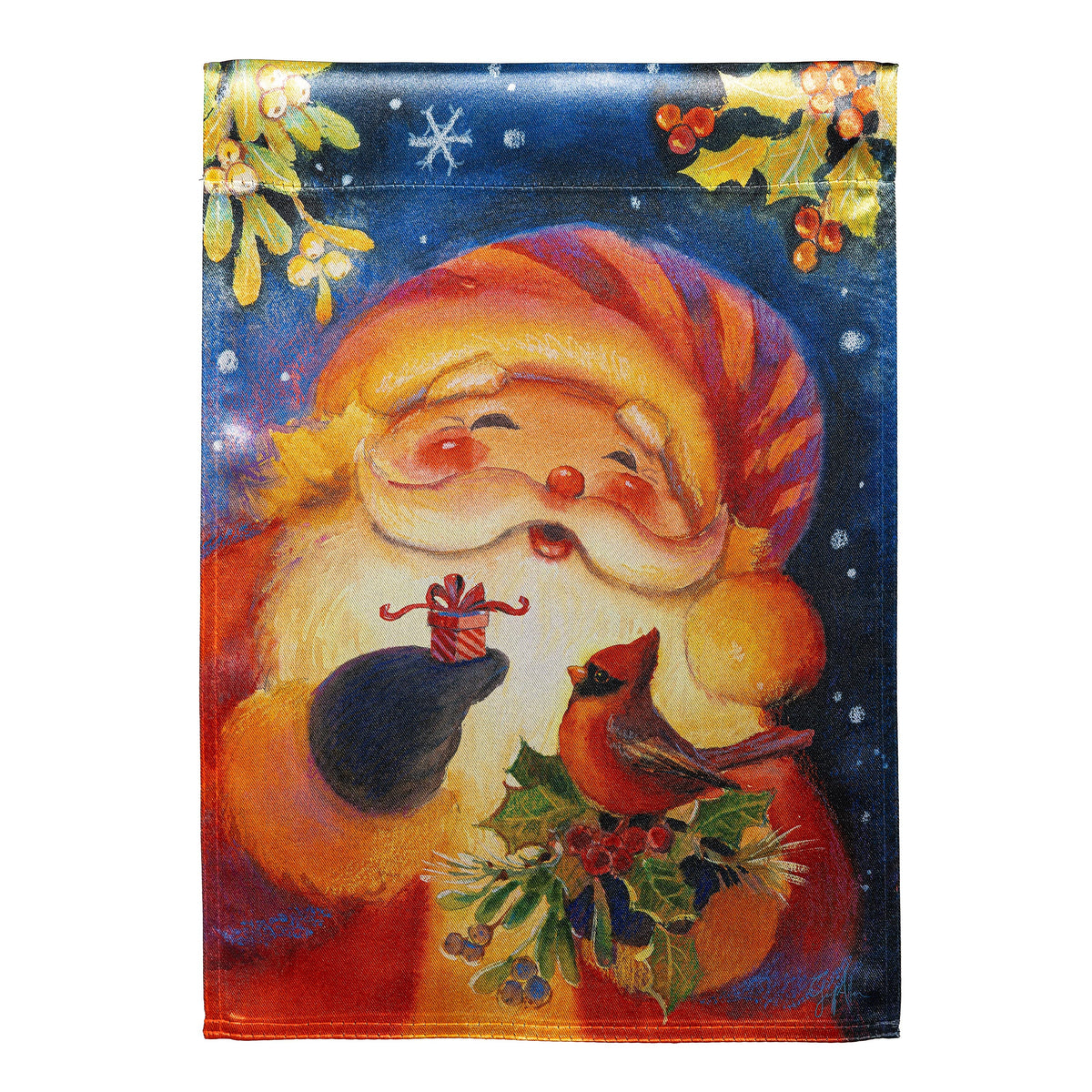 Cheerful Santa Lustre Garden Flag glossy night-scene with holly berries and snowflakes on Tampa Home & Garden Store