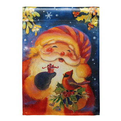 Cheerful Santa Lustre Garden Flag glossy night-scene with holly berries and snowflakes on Tampa Home & Garden Store