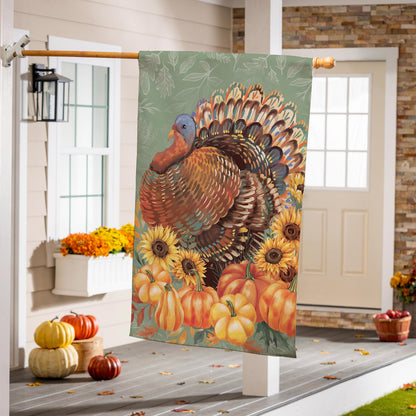 Grateful Gatherings Turkey Suede House Flag on green backdrop with pumpkins by Evergreen on Tampa Home & Garden Store
