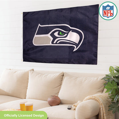 Seattle Seahawks 3x5 single-sided estate flag with 2 grommets in navy, features Seahawks logo and NFL shield on Tampa Home & Garden Store