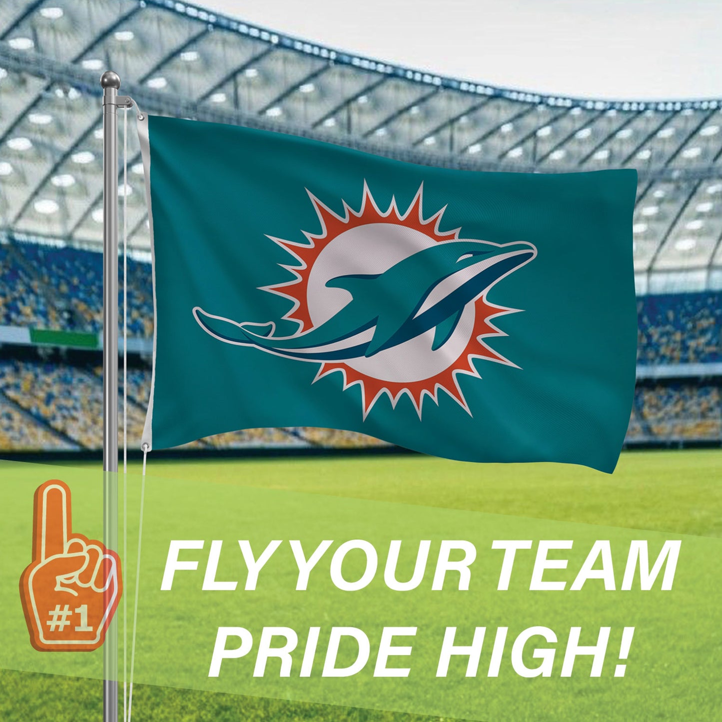 Miami Dolphins 3x5 single-sided sublimated flag with 2 grommets waving in stadium breeze on Tampa Home & Garden Store