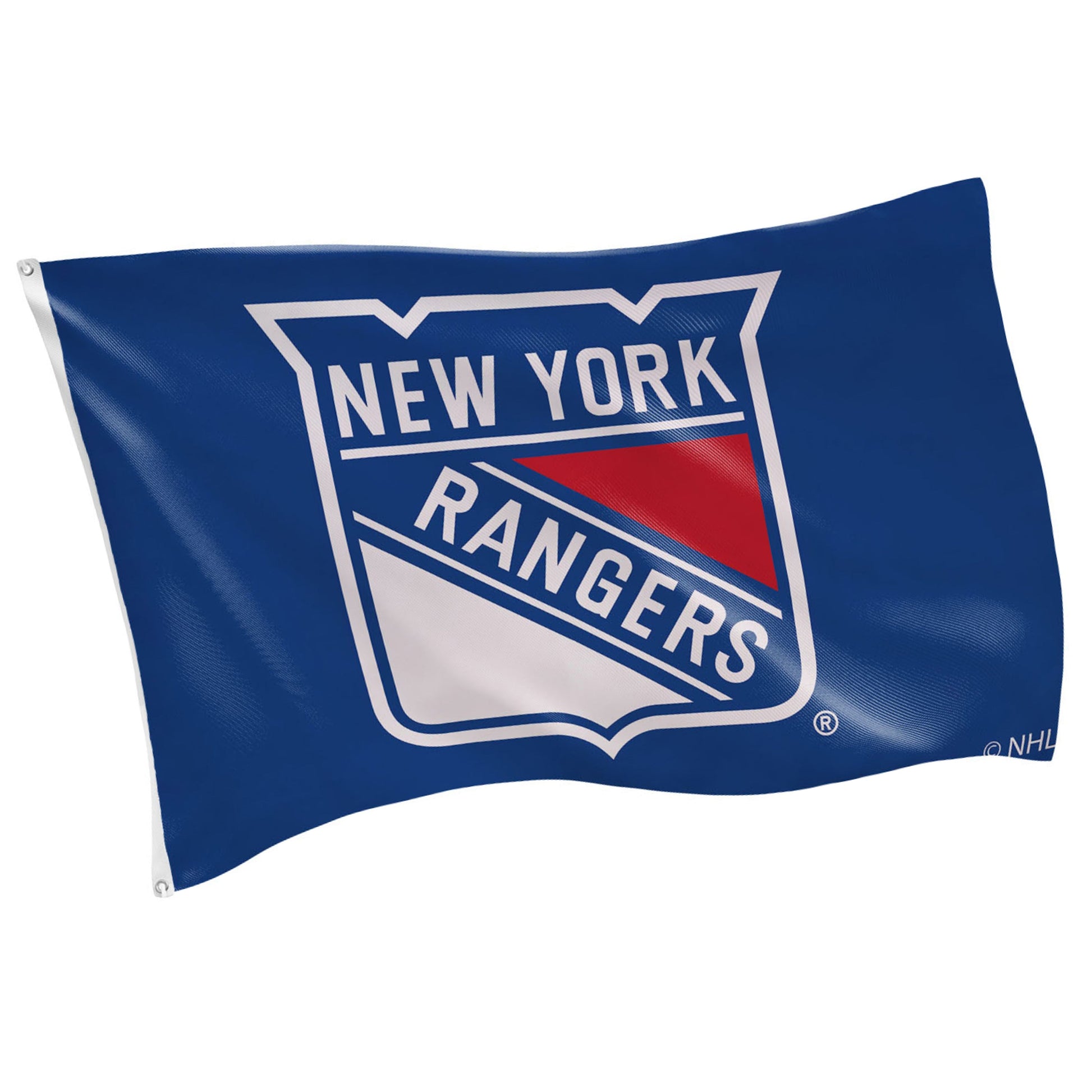 New York Rangers 3x5 single-sided flag with 2 grommets, blue flag featuring shield logo on Tampa Home & Garden Store