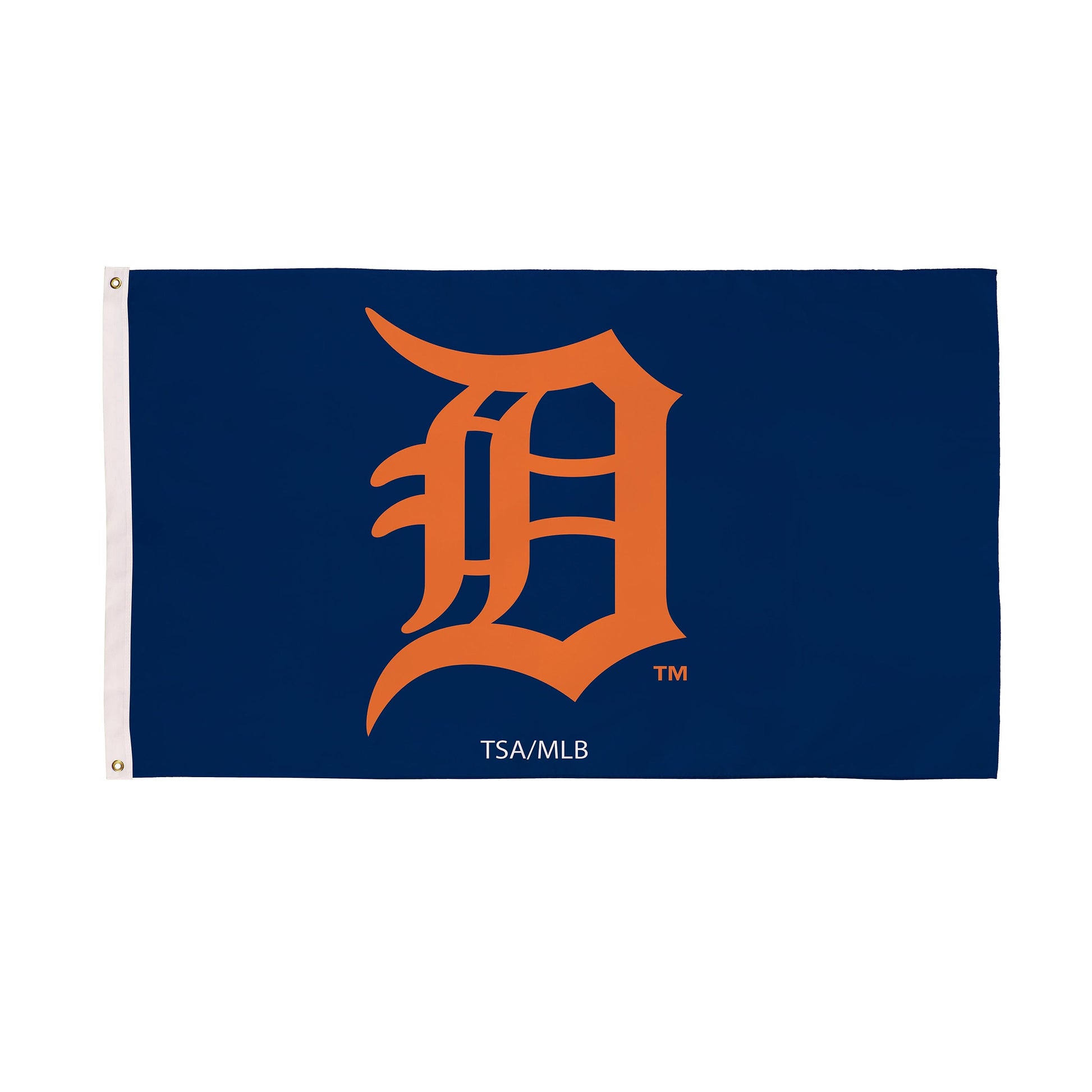 Detroit Tigers single-sided flag 3x5 with white header and grommets, blue field orange logo on Tampa Home & Garden Store